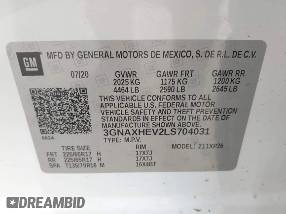 2020 Chevrolet Equinox LS with VIN 3GNAXHEV2LS704031, listed as a IAAI auction lot 41919389 with 51,003 mi miles. Bid and sale history available at carsss.com. Image 9.