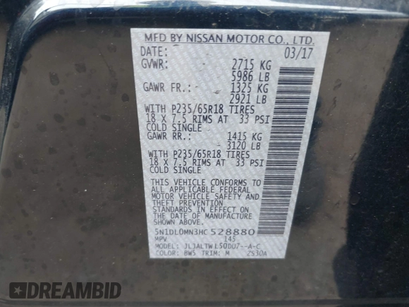 2017 Infiniti QX60 with VIN 5N1DL0MN3HC528880, listed as a IAAI auction lot 41865871 with 183,430 mi miles. Bid and sale history available at carsss.com. Image 9.