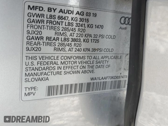 2019 Audi Q7 Premium Plus with VIN WA1LAAF73KD037473, listed as a Copart auction lot 58695665 with 33,707 mi miles and Non repairable. Bid and sale history available at DreamBid. Image 13.