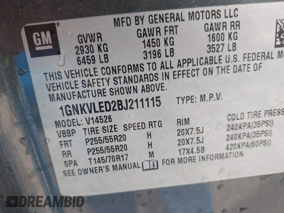 2011 Chevrolet Traverse LTZ with VIN 1GNKVLED2BJ211115, listed as a IAAI auction lot 42044255 with 275,653 mi miles and . Bid and sale history available at DreamBid. Image 9.