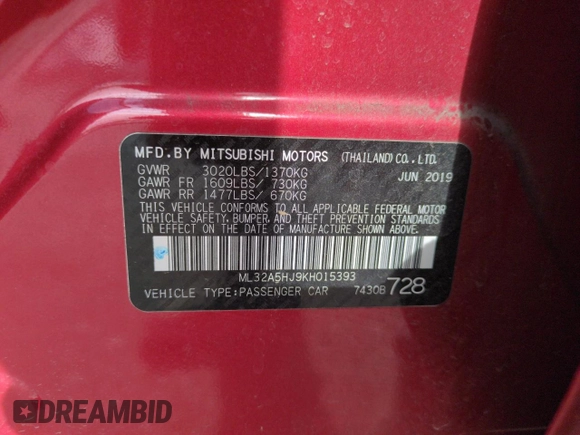 2019 Mitsubishi Mirage GT with VIN ML32A5HJ9KH015393, listed as a Copart auction lot 61653885 with 33,965 mi miles and Salvage title. Bid and sale history available at DreamBid. Image 12.