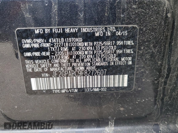 2015 Subaru XV Crosstrek Limited with VIN JF2GPAPC9F8272607, listed as a Copart auction lot 49576065 with 0 mi miles and Salvage Title. Bid and sale history available at carsss.com. Image 14.