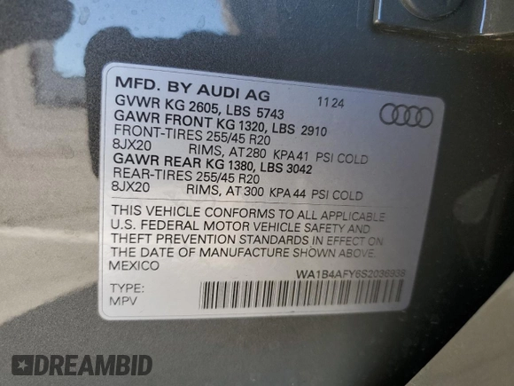 2025 Audi SQ5 Premium Plus with VIN WA1B4AFY6S2036938, listed as a Copart auction lot 88290625 with 449 mi miles and Salvage Title. Bid and sale history available at DreamBid. Image 14.