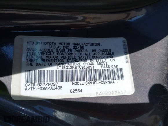 1996 Toyota Camry DX with VIN 4T1BG12K8TU915891, listed as a IAAI auction lot 41874731 with 57,564 mi miles. Bid and sale history available at carsss.com. Image 9.