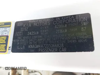 2013 Kia Optima LX z VIN KNAGM4A72D5366828, wystawiony jako IAAI lot #42106525 z przebiegiem 159 564 mil mil oraz . Historia ofert i sprzedaży dostępna na DreamBid. Obrazek 9.