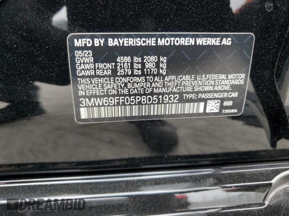 2023 BMW 3 Series 330i z VIN 3MW69FF05P8D51932, wystawiony jako Copart lot #54539205 z przebiegiem Nie podano mil oraz Szkoda całkowita • Salvage title. Historia ofert i sprzedaży dostępna na DreamBid. Obrazek 12.