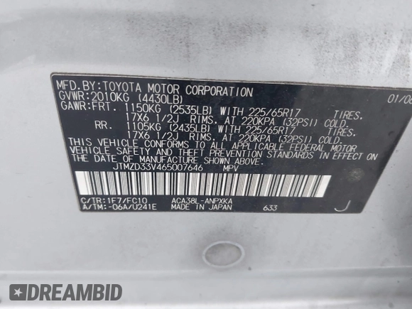2006 Toyota RAV4 with VIN JTMZD33V465007646, listed as a IAAI auction lot 42191117 with 281,197 mi miles and . Bid and sale history available at DreamBid. Image 9.