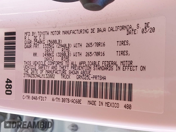 2020 Toyota Tacoma SR5 with VIN 3TMAZ5CN4LM132002, listed as a IAAI auction lot 41224844 with 55,000 mi miles and . Bid and sale history available at DreamBid. Image 9.