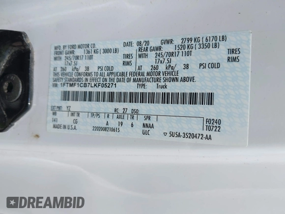 2020 Ford F-150 XL с VIN 1FTMF1CB7LKF05271, выставлен на аукционе IAAI как лот 42667581 с пробегом 64 742 миль миль и . История ставок и продаж доступна на DreamBid. Изображение 9.