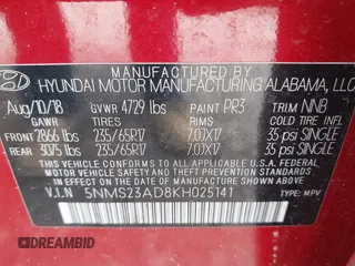 2019 Hyundai Santa Fe SE z VIN 5NMS23AD8KH025141, wystawiony jako IAAI lot #42209919 z przebiegiem 176 172 mil mil oraz . Historia ofert i sprzedaży dostępna na DreamBid. Obrazek 9.