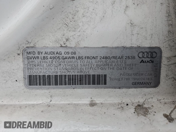 2009 Audi A4 2.0T Prem with VIN WAULF78K19N024783, listed as a Copart auction lot 51243905 with 165,039 mi miles and Salvage Title. Bid and sale history available at carsss.com. Image 12.