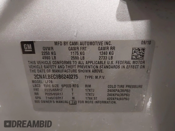 2011 Chevrolet Equinox LS with VIN 2CNALBEC9B6240275, listed as a IAAI auction lot 42119981 with 129,066 mi miles and . Bid and sale history available at DreamBid. Image 9.
