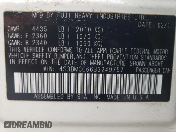 2011 Subaru Legacy Premium with VIN 4S3BMCC66B3249757, listed as a Copart auction lot 87649285 with 93,969 mi miles and Salvage Title. Bid and sale history available at DreamBid. Image 12.