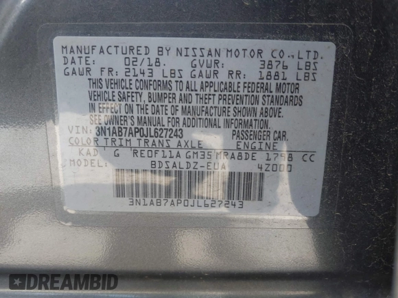 2018 Nissan Sentra SV with VIN 3N1AB7AP0JL627243, listed as a IAAI auction lot 41822674 with 144,841 mi miles and . Bid and sale history available at carsss.com. Image 9.