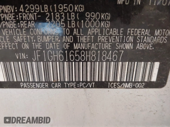 2008 Subaru Impreza i with VIN JF1GH61658H818467, listed as a IAAI auction lot 42410424 with 178,463 mi miles and . Bid and sale history available at DreamBid. Image 9.