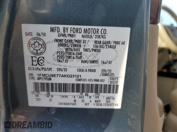 2010 Ford Escape Limited with VIN 1FMCU9E77AKD23121, listed as a Copart auction lot 50243295 with Not provided miles and Salvage title. Bid and sale history available at DreamBid. Image 13.