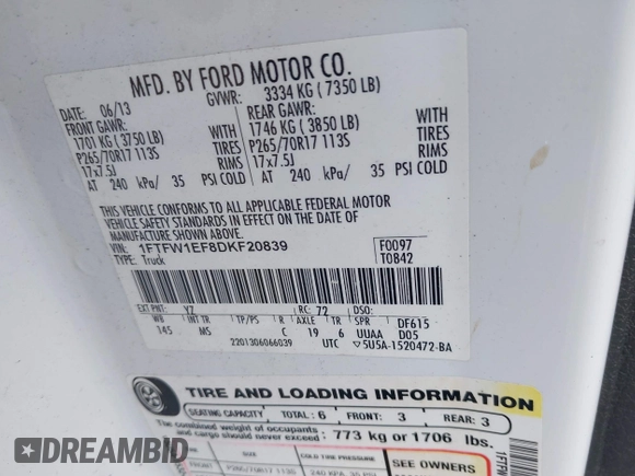 2013 Ford F-150 XL with VIN 1FTFW1EF8DKF20839, listed as a IAAI auction lot 41906614 with 243,411 mi miles and . Bid and sale history available at carsss.com. Image 9.