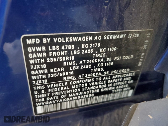 2010 Volkswagen Tiguan Wolfsburg Edition с VIN WVGAV7AX8AW002308, выставлен на аукционе Copart как лот 55939675 с пробегом 120 057 миль миль и Списание • Salvage title. История ставок и продаж доступна на DreamBid. Изображение 14.