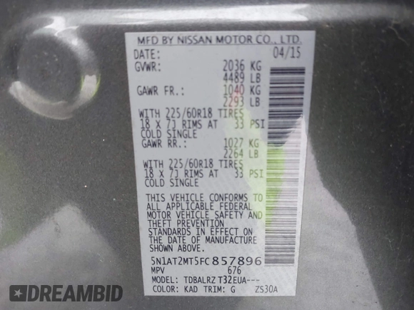 2015 Nissan Rogue SL with VIN 5N1AT2MT5FC857896, listed as a IAAI auction lot 41310123 with 101,101 mi miles. Bid and sale history available at carsss.com. Image 9.