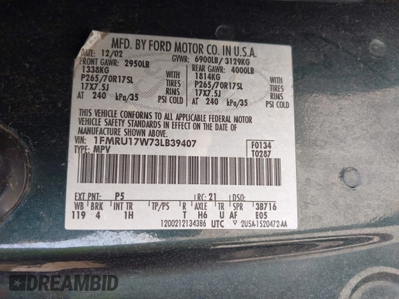 2003 Ford Expedition Eddie Bauer z VIN 1FMRU17W73LB39407, wystawiony jako IAAI lot #42042645 z przebiegiem 220 011 mil mil oraz . Historia ofert i sprzedaży dostępna na DreamBid. Obrazek 9.