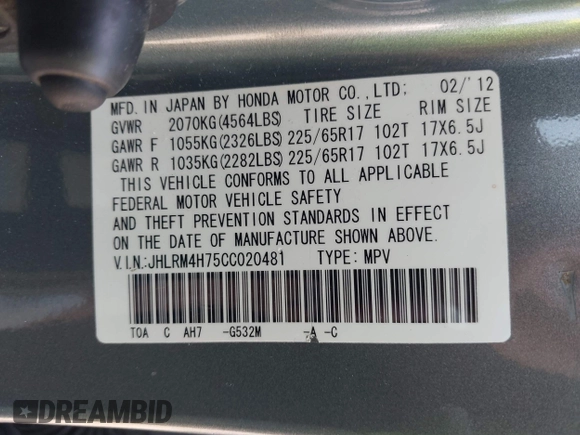 2012 Honda CR-V EX-L with VIN JHLRM4H75CC020481, listed as a IAAI auction lot 42167426 with 187,540 mi miles and . Bid and sale history available at DreamBid. Image 9.