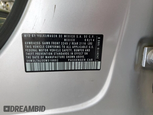 2014 Volkswagen Jetta TDI w/Premium with VIN 3VW3L7AJ3EM310892, listed as a Copart auction lot 61235765 with 242,970 mi miles and Salvage title. Bid and sale history available at DreamBid. Image 13.