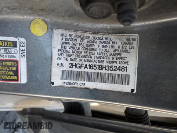 2008 Honda Civic LX z VIN 2HGFA16518H352481, wystawiony jako Copart lot #47781525 z przebiegiem 152 682 mil mil oraz Szkoda całkowita • Salvage title. Historia ofert i sprzedaży dostępna na DreamBid. Obrazek 13.