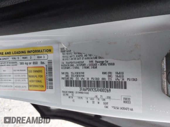 2016 Ford Fusion Titanium with VIN 3FA6P0K92GR400269, listed as a IAAI auction lot 41961043 with 191,638 mi miles and . Bid and sale history available at DreamBid. Image 9.