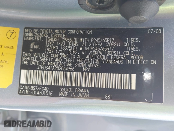 2008 Toyota Highlander with VIN JTEDS41A282064966, listed as a IAAI auction lot 42814001 with 110,443 mi miles and . Bid and sale history available at DreamBid. Image 9.