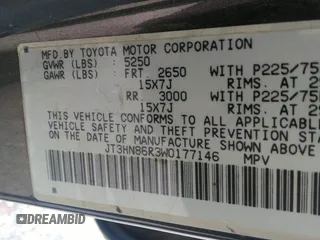 1998 Toyota 4Runner SR5 z VIN JT3HN86R3W0177146, wystawiony jako IAAI lot #42073056 z przebiegiem 318 147 mil mil oraz . Historia ofert i sprzedaży dostępna na DreamBid. Obrazek 9.