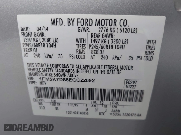 2014 Ford Explorer XLT with VIN 1FM5K7D88EGC22692, listed as a IAAI auction lot 41945588 with 84,129 mi miles. Bid and sale history available at carsss.com. Image 9.