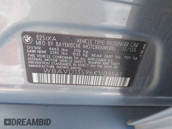 2006 BMW 3 Series 325xi with VIN WBAVD13596KV03561, listed as a IAAI auction lot 41621783 with 185,787 mi miles. Bid and sale history available at carsss.com. Image 9.