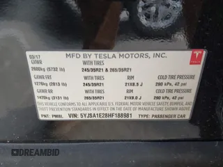 2017 Tesla Model S 100D with VIN 5YJSA1E28HF188981, listed as a IAAI auction lot 42010115 with 76,327 mi miles and . Bid and sale history available at DreamBid. Image 9.