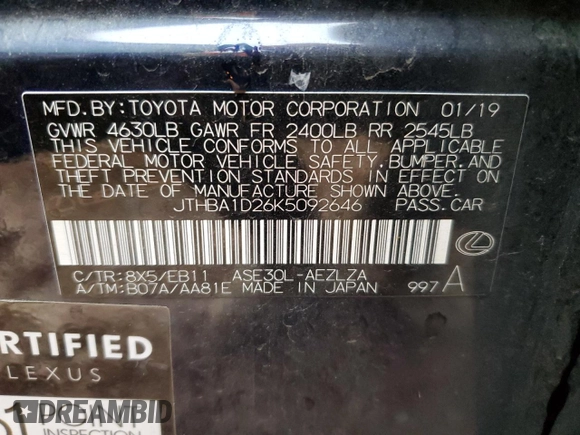 2019 Lexus IS with VIN JTHBA1D26K5092646, listed as a Copart auction lot 42962115 with 81,598 mi miles and Salvage Title. Bid and sale history available at carsss.com. Image 12.