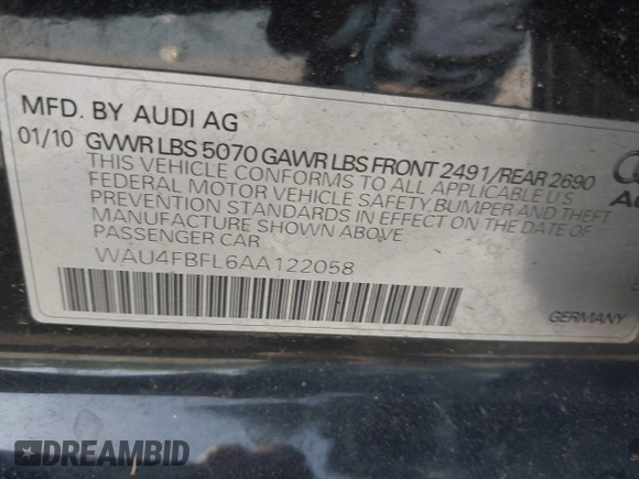 2010 Audi A4 with VIN WAU4FBFL6AA122058, listed as a IAAI auction lot 42162292 with 175,780 mi miles and . Bid and sale history available at DreamBid. Image 9.