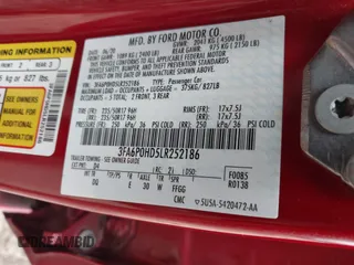 2020 Ford Fusion SE with VIN 3FA6P0HD5LR252186, listed as a IAAI auction lot 41394708 with 99,092 mi miles. Bid and sale history available at carsss.com. Image 9.
