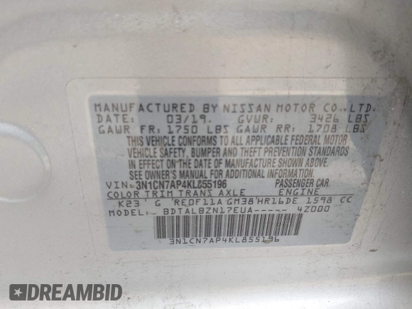 2019 Nissan Versa SV z VIN 3N1CN7AP4KL855196, wystawiony jako IAAI lot #42081644 z przebiegiem 79 527 mil mil oraz . Historia ofert i sprzedaży dostępna na DreamBid. Obrazek 9.