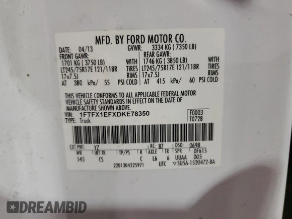 2013 Ford F-150 XL with VIN 1FTFX1EFXDKE78350, listed as a Copart auction lot 85493594 with Not Provided miles and Clean Title. Bid and sale history available at carsss.com. Image 12.