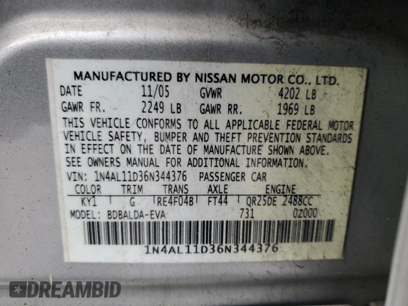 2006 Nissan Altima 2.5 with VIN 1N4AL11D36N344376, listed as a Copart auction lot 75682134 with 146,901 mi miles and Non Repairable. Bid and sale history available at carsss.com. Image 12.