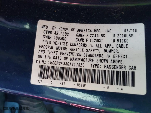 2016 Honda Accord Sedan LX with VIN 1HGCR2F33GA237023, listed as a IAAI auction lot 41808215 with NaN miles. Bid and sale history available at carsss.com. Image 9.