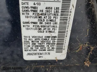 2003 Nissan Murano SL with VIN JN8AZ08T83W117176, listed as a Copart auction lot 46099505 with 101,303 mi miles and Clean Title. Bid and sale history available at carsss.com. Image 13.