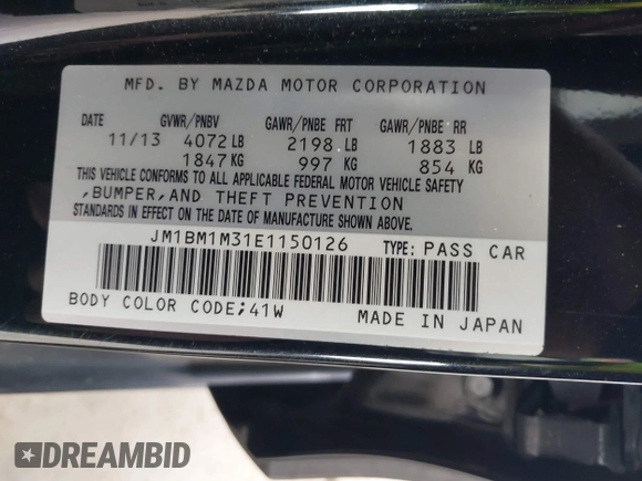 2014 Mazda 3 S Grand Touring with VIN JM1BM1M31E1150126, listed as a IAAI auction lot 41813519 with 103,578 mi miles and . Bid and sale history available at DreamBid. Image 9.