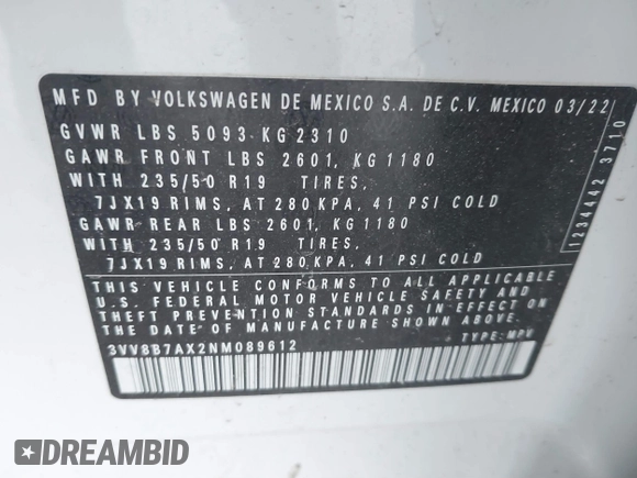 2022 Volkswagen Tiguan SE R-Line Black с VIN 3VV8B7AX2NM089612, выставлен на аукционе IAAI как лот 41271934 с пробегом 30 799 миль миль и . История ставок и продаж доступна на DreamBid. Изображение 9.