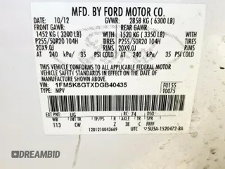 2013 Ford Explorer Sport with VIN 1FM5K8GTXDGB40435, listed as a Copart auction lot 58211555 with Not provided miles and Salvage title. Bid and sale history available at DreamBid. Image 14.