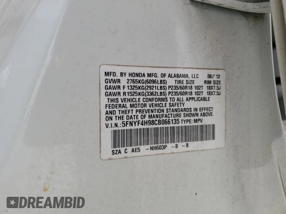 2012 Honda Pilot Touring with VIN 5FNYF4H98CB066135, listed as a Copart auction lot 47769625 with 171,708 mi miles and Salvage Title. Bid and sale history available at carsss.com. Image 13.