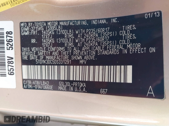2013 Toyota Sienna XLE AAS with VIN 5TDYK3DC5DS331291, listed as a IAAI auction lot 42090586 with 176,711 mi miles and . Bid and sale history available at carsss.com. Image 9.