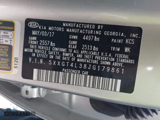 2018 Kia Optima LX with VIN 5XXGT4L38JG179861, listed as a IAAI auction lot 42000255 with 87,530 mi miles. Bid and sale history available at carsss.com. Image 9.