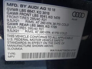 2019 Audi Q7 Prestige with VIN WA1VAAF70KD016797, listed as a IAAI auction lot 41722711 with 95,510 mi miles and . Bid and sale history available at DreamBid. Image 9.