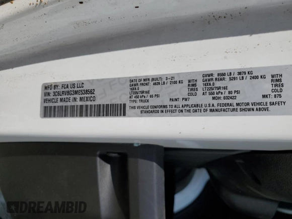 2021 Ram ProMaster Cargo with VIN 3C6LRVBG3ME538562, listed as a Copart auction lot 68488984 with 39,173 mi miles and Salvage Title. Bid and sale history available at carsss.com. Image 13.