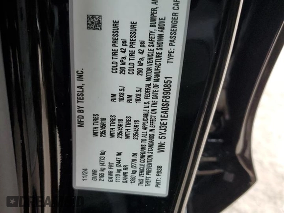 2025 Tesla Model 3 Long Range with VIN 5YJ3E1EA0SF890851, listed as a Copart auction lot 88960465 with 755 mi miles and Salvage Title. Bid and sale history available at DreamBid. Image 12.